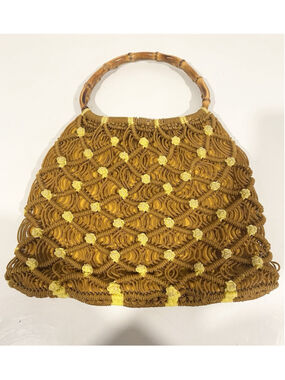 Vintage 60s 70s Macrame Purse Bamboo Handles Plastic Cord Floral Boho Handbag